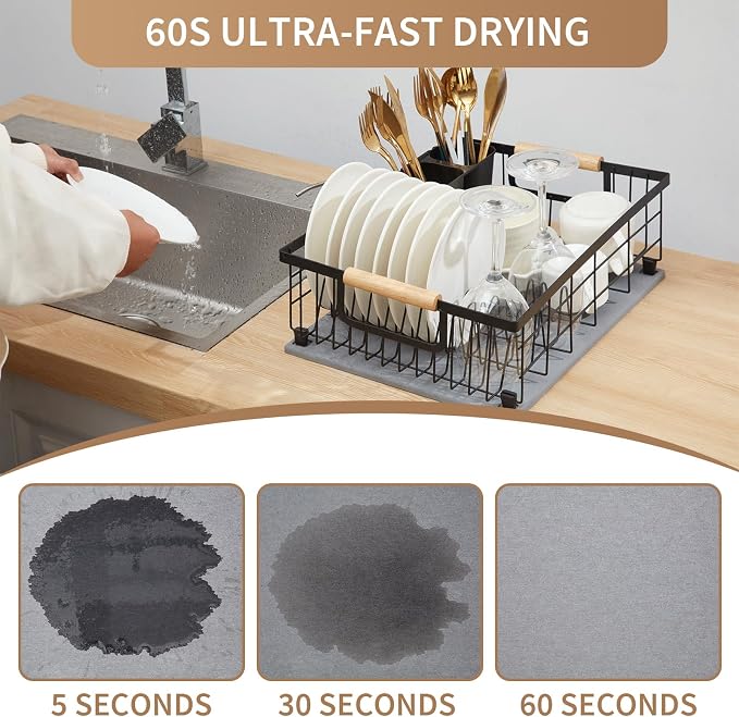 Dish Drying Rack with Stone Dish Drying Mat for Kitchen Counter, 16'' Lx 12''W Dish Drainer with Diatomaceous Earth Quick Dry Mat, Organization and Storage Essentials with Cup & Cutlery Holders
