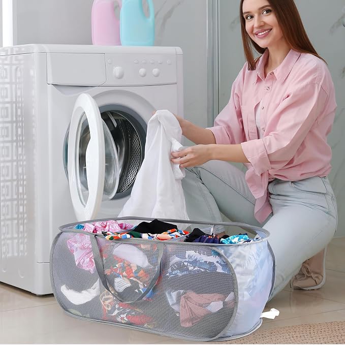 2 Pack Mesh Foldable Laundry Basket Up Laundry Hamper (Grey) | 3 Compartments Up Mesh Hamper with Handles, Mesh Laundry Hamper for Laundry Room, Bathroom, Room, College Dorm or Travel