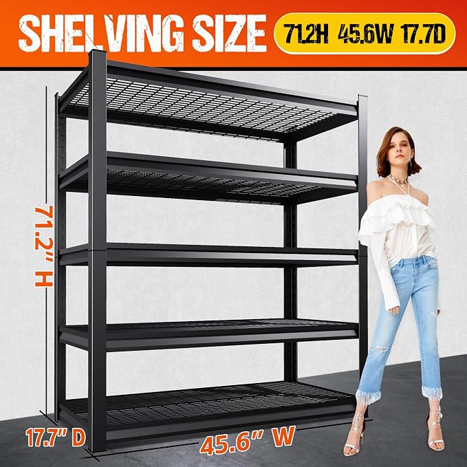 Set of 2 Heavy Duty Garage Shelving 5T Storage Shelves, Adjustable Metal Shelving Unit, Utility Garage Organizer Shelf for Basement, Pantry, Warehouse, Supermarket, 45.6" Wx17.7 Dx71.2 H