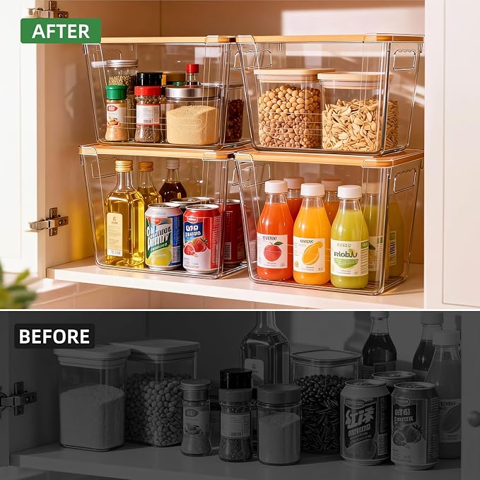 2 Pack Pantry Storage Containers for Onions, Potatoes and Trash Bags | Clear Design for Easy Access, Premium Bamboo Lid, Multi-Functional & Stackable Storage