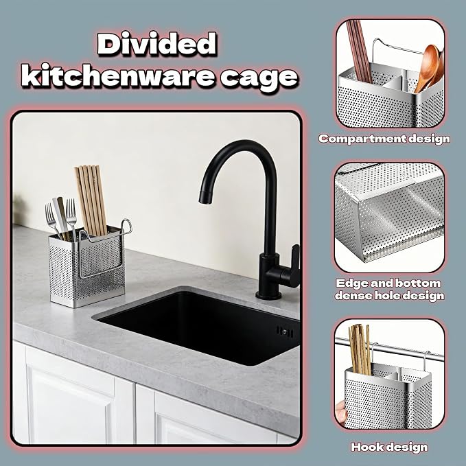 Stainless Steel Utensil Holder for Kitchen Counter, 2 Compartment Cutlery Organizer with Hooks, Dishwasher Safe Flatware Drying Caddy for Sink & Dish Rack (Brushed Finish)