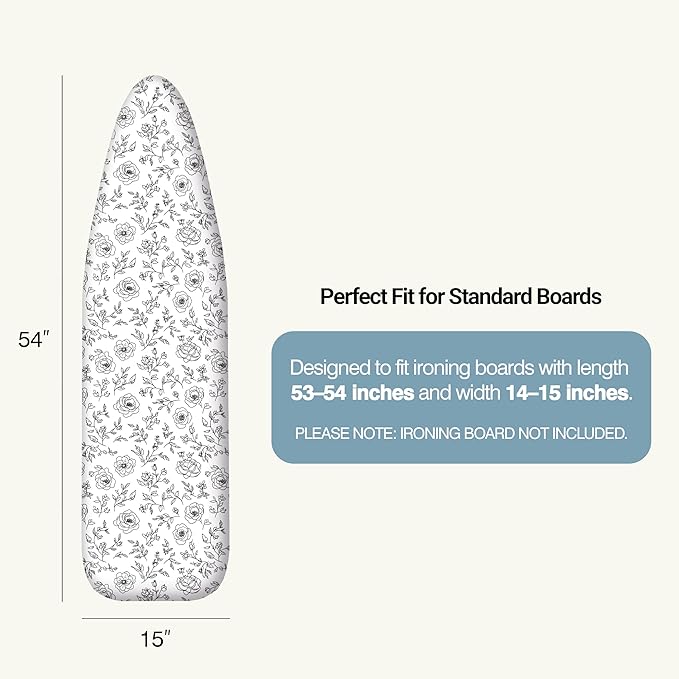 UniSimp Ironing Board Cover and Pad 15"x54" Extra Thick Natural Cotton, Scorch and Stain Resistant Padding, Standard Size Iron Board Cover with Fasteners Heavy Duty Elastic Edge, Heatproof Rose