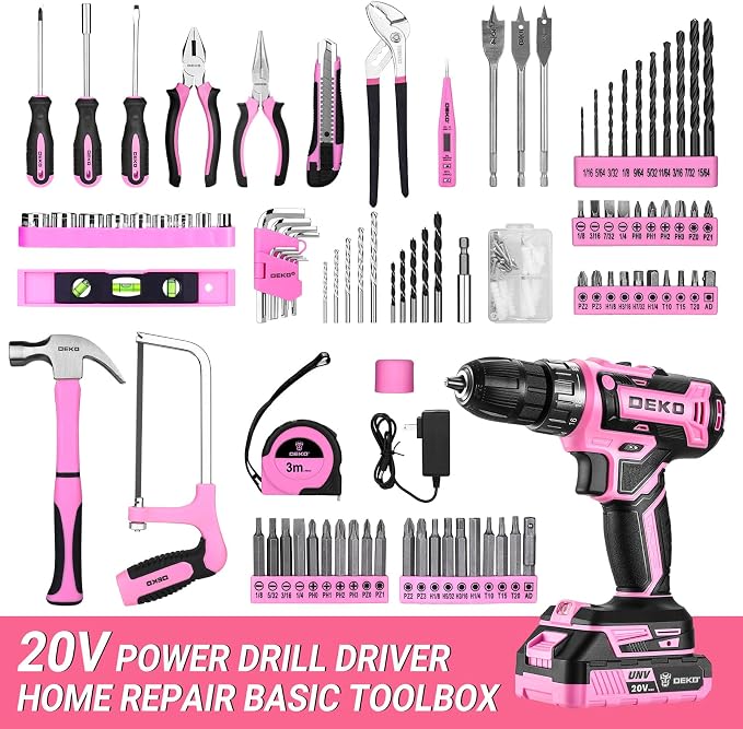Pink Power Drill Tool Kit Set: 20V Cordless Electric Drill, Driver, Tool Box with Battery