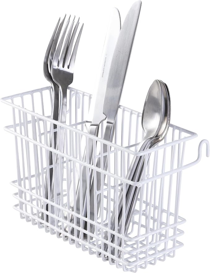 Kitchen Details Cutlery Basket | Hanging | Attach to Standard Dish Drying Rack | Utensil Caddy | Vinyl Coated | 3 Compartment | White