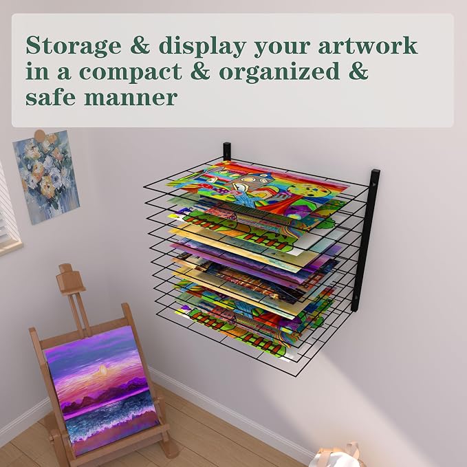 Art Drying Rack for Classroom - No Drill Wall & Fit All Walls Paint Storage System, 10 Removable Shelves 1.57" Apart for Art Studios, Schools