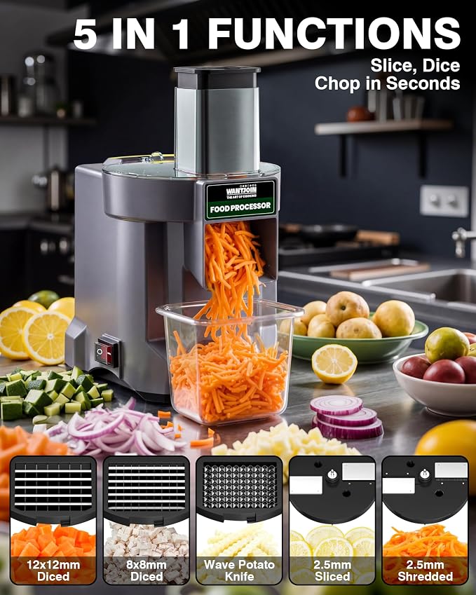 WantJoin 5 in 1 Electric Vegetable Chopper - Multifunctional Commercial Food Processor with Stainless Steel Blades for Slicing(2.5mm), Dicing(8/12mm), Chopping(2.5mm), Shredding