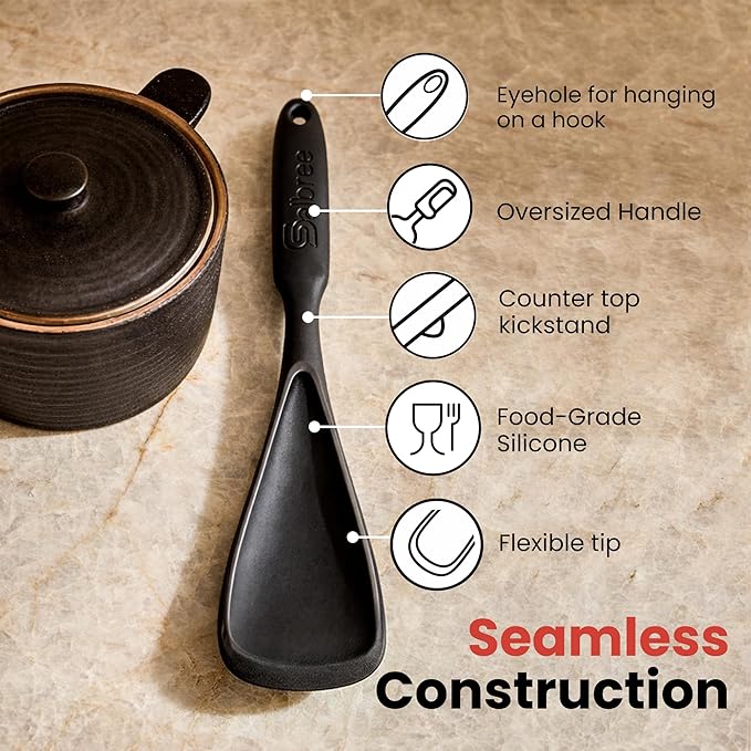 Silicone Spoon Spatula for Cooking - Multifunction Scoop Spatula Spoonula - Heat Resistant Cooking Spoon for Nonstick Cookware - Large Silicone Kitchen Spoon - Seamless Design (Black,2pcs)