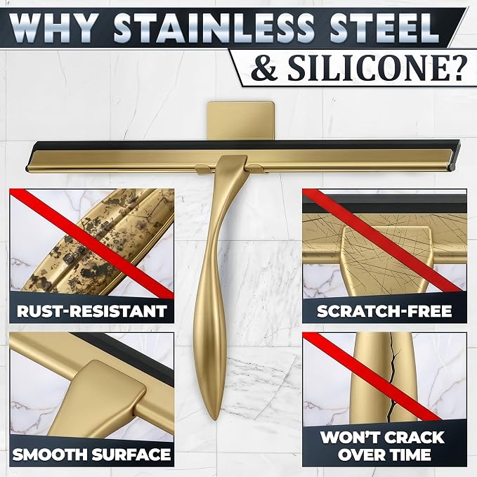 14 Inch Shower Door Squeegee - Gold Squeegee for Shower Glass with Stainless Steel Body, Silicone Blade, Adhesive & Hanging Hooks for Streak-Free Mirror, Tile, Window, Bathroom, Car, Everyday Home Use