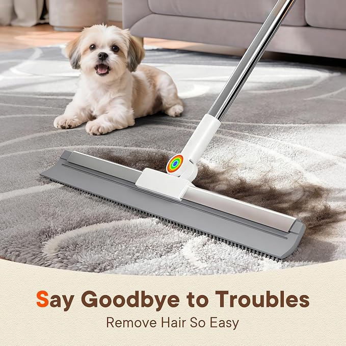 Floor Squeegee with Long Handle, 180° Rotating Silicone Broom for Concrete & Tile Floors, Squeegee for Water Removal on Garage, Bathroom and Deck, Adjustable 35–62 in Handle, 2 Pads
