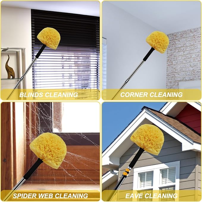 2 Pack Twist-On Cobweb Duster Head Brush - Efficient Indoor & Outdoor Spider Web Cleaning Solution - Fits Standard Acme Threaded Poles - Duster Brush Head Only - Yellow