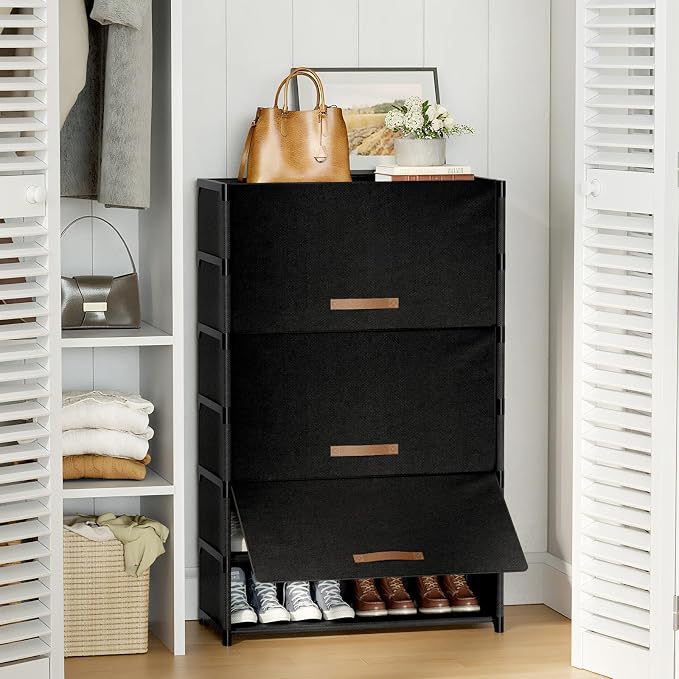 7 Tier Shoe Cabinet with Door, 28-Pair Storage, Black | Tall design saves floor space. Door blocks dust & pets. Holds heels to boots. Quick assembly with connectors.