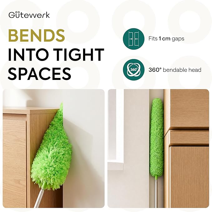 GÜTEWERK Extendable Microfiber Duster, 55 Inch - Feather Dusters for Cleaning Ceiling Fans, Blinds, Baseboards & High Ceilings - Washable, Electrostatic, 360° Bendable Head, Stainless Steel Pole