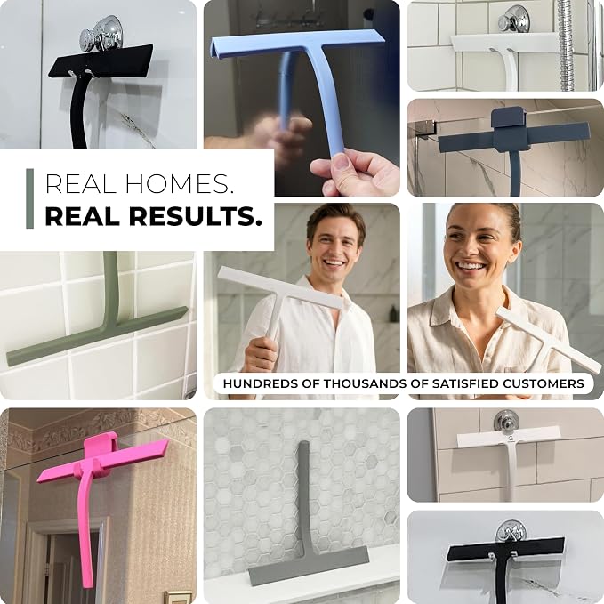 GÜTEWERK Silicone Shower Squeegee for Glass Doors & Mirrors with Stainless Steel Core, Streak-Free & No-Squeak Window Cleaning, 3-in-1 No-Drill Mount (Hook/Suction/Adhesive),Green, 9 Inches