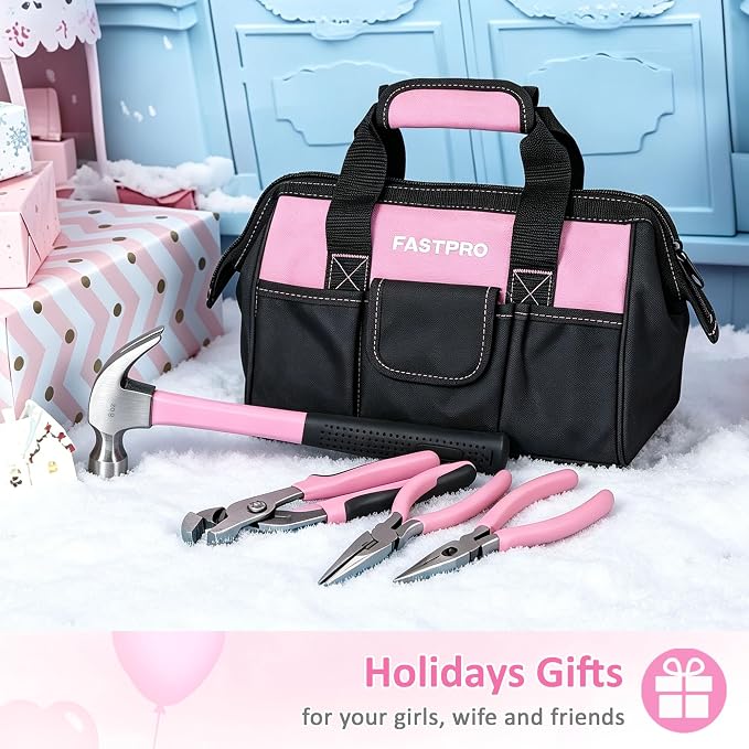 FASTPRO 215-Piece Pink Tool Set, Home Repairing Tool Set with 12-Inch Wide Mouth Open Storage Bag, Household Hand Tool Kit, Pink