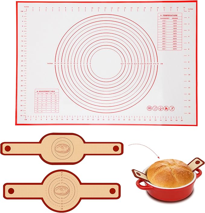 Silicone Baking Mat 3-Piece Set:1Pcs 27x19 inch Non-Slip Pastry Rolling Mat with Measurements &2Pcs Silicone Bread Sling for Sourdough Tools | Non-Stick, Dishwasher Safe, Reusable Baking Accessories