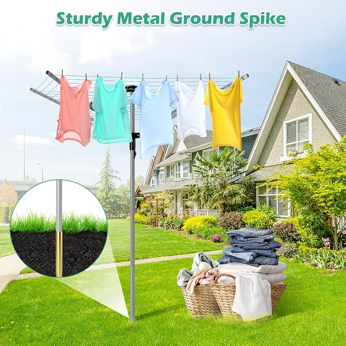 tonchean Adjustable Height Rotary 4-arm Clothesline Umbrella Drying Rack | Collapsible Clothes Drying Rack for Laundry Outdoors Dryer Collapsible Clothes Drying Rack | 12-Lines with 165ft. Clothesline