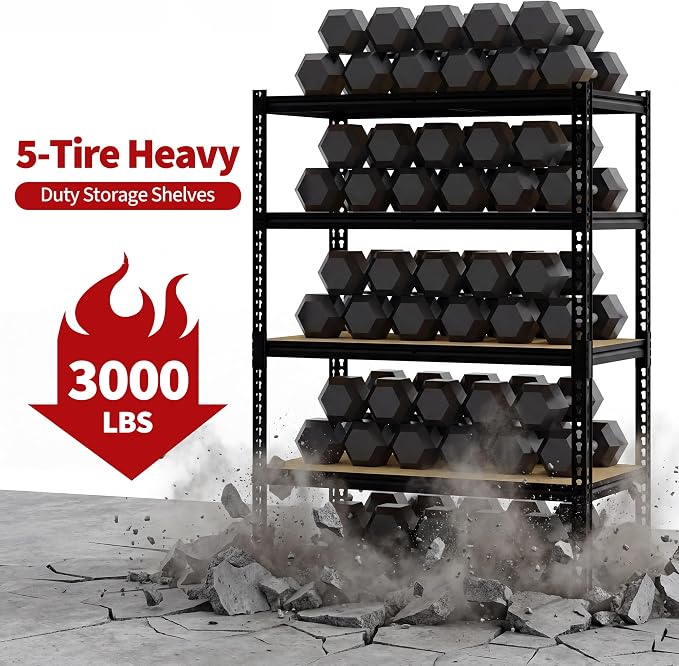 Heavy Duty Garage Storage Shelves, 5-Tier Adjustable Storage Shelving Unit | 3000 Lbs Capacity, 48" L x 24" W x 72"H Metal Shelving Racks for Kitchen Pantry Basement Bathroom Laundry