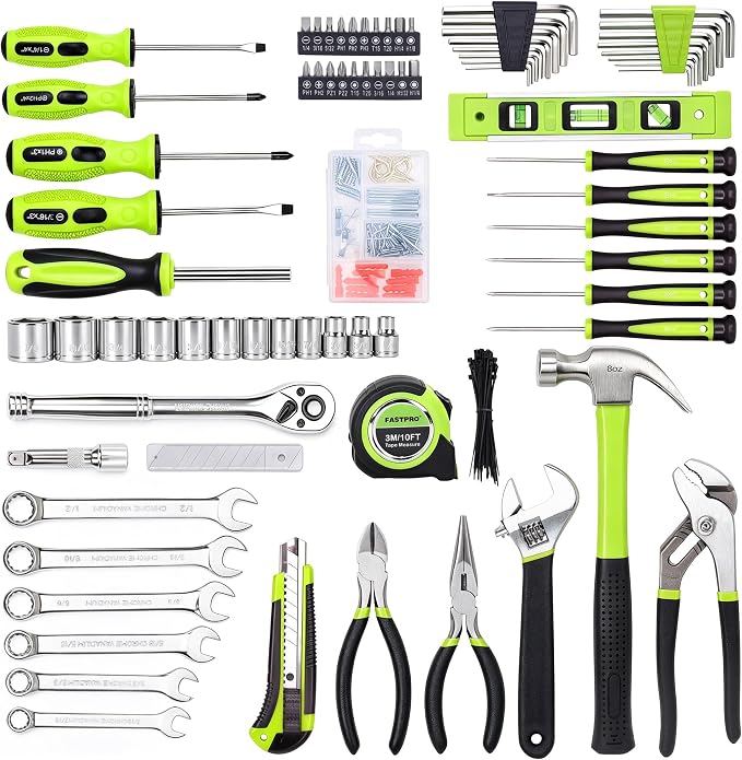 FASTPRO 236-Piece Home Repairing Tool Set, Mechanics Hand Tool Kit with 12-Inch Wide Mouth Open Storage Bag, Household Tool Set for DIY, Home Maintenance, Green
