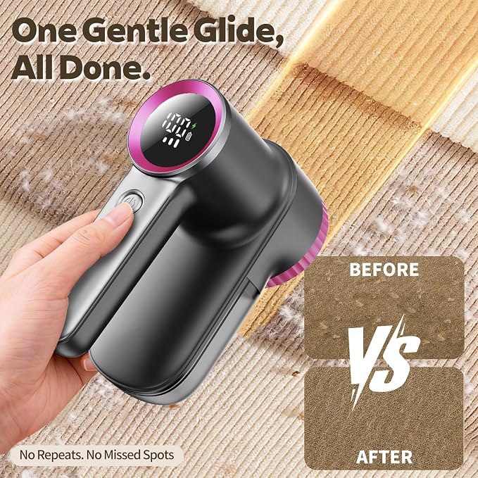 Rechargeable Fabric Shaver & Lint Remover, Electric Sweater Defuzzer with 3 Speeds, 6 Leaf Blades, LED Display & Type-C Fast Charging, Lint Shaver for Clothes, Furniture, Sweater, Couch