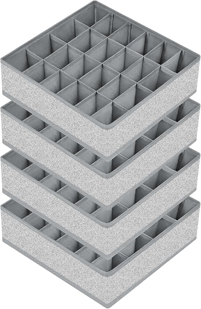 Joyoldelf Sock Drawer Organizer Divider Underwear Organizer 24-cell Fabric Dresser Drawer Organizers Storage Boxes for Socks Lingerie, Handkerchiefs, Ties 4 Pack (Gray)