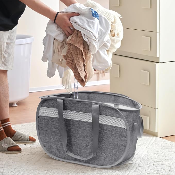 Collapsible Tear Proof Laundry Baskets with Dual Handles, Grey | 70L, Foldable, Pop up Hamper, Reinforced Durable Laundry Hamper for Home, Laundry, Bathroom, Dorm or Travel