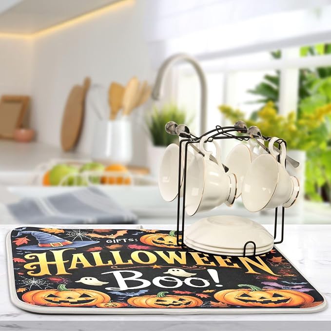 Halloween Ghosts Boo Dish Drying Mat for Kitchen Countertop 16x18 Witch Pumpkin Lantern Bat Small Drying Mat Reusable Quick Dry Dish Sink Mats Easy Clean Decorative Essentials