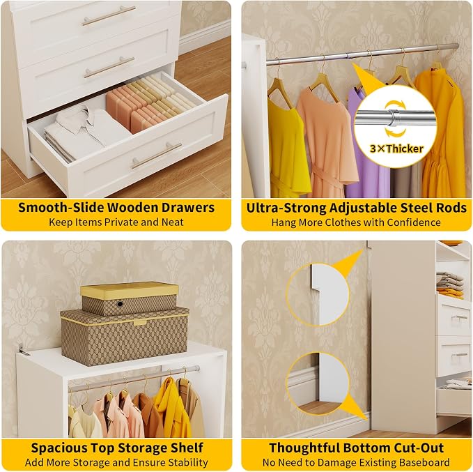 Closet System Set of 3, 6FT-15FT Closet System with 9 Drawers, Walk in Closet System with 6 Hanging Rods Adjustable & 3 Shelves, Modular Custom Closet Organizer Storage System Freestanding, White