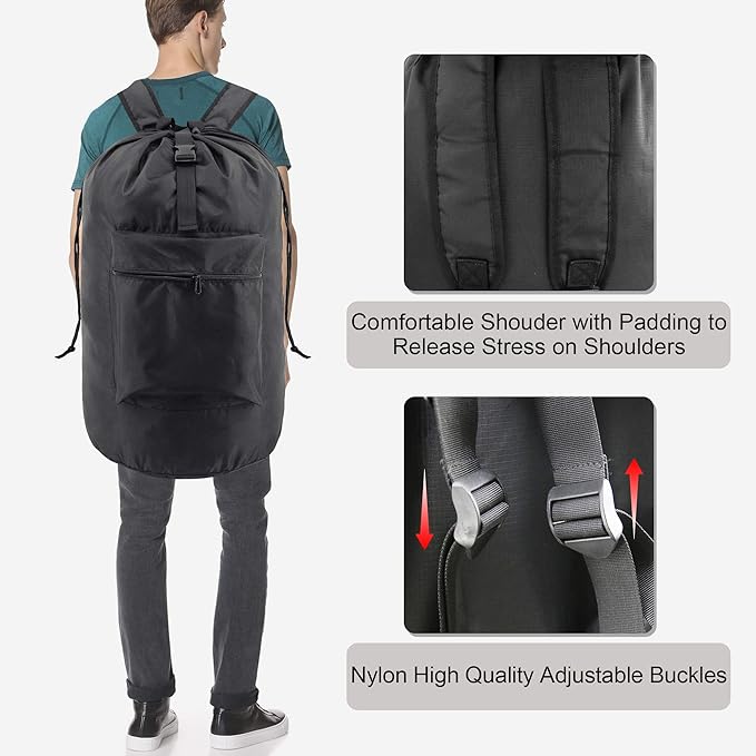 BeeGreen Laundry Bag Backpack w Adjustable Shoulder Straps College Dorm Essentials w Drawstring Closure for Travel Camp Heavy Duty Laundry Hamper Backpack Portable w Handle Xlarge Black