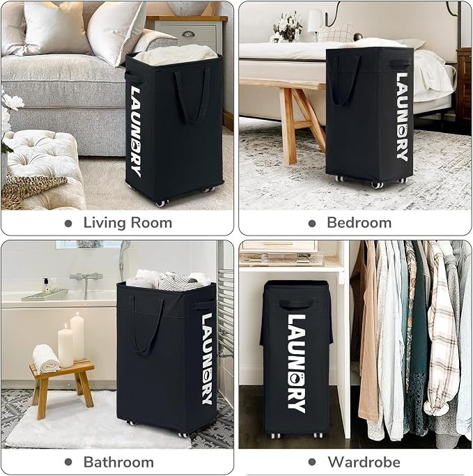 CHICVITA 75L Laundry Basket with Wheels 2-Pack, Wash Bags, Black | Tall collapsible laundry basket set for corner spaces and college dorms. Removable wash bags included