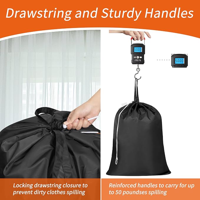 2 Pack Extra Heavy-Duty Laundry Bag with Handles, Black, 28x36" | Extra Large, Name ID Tag, Machine Washable, Reinforced Handles, Drawstring Closure, For College Dorm Travel