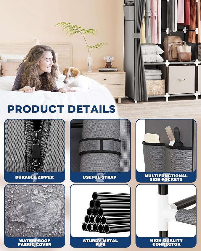 Mavivegue Portable Closet Wardrobe, Clothes Organizer with 4 Hanging Rods, Non-Woven Fabric Cover, Large Capacity Storage for Bedroom and Living Room,Gray, 67" W x 17" D x 67" H
