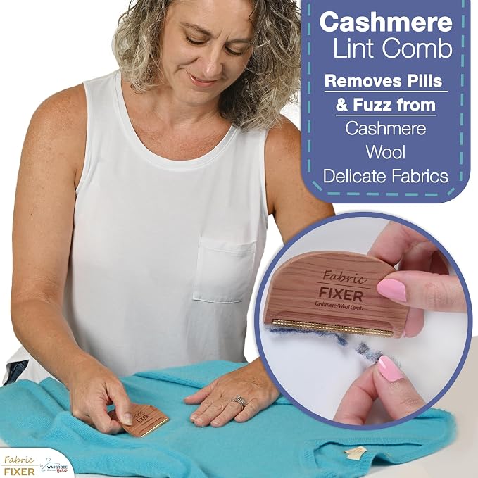 Cashmere Pill Remover Comb with Cedar Wood Handle - Sweater Fuzz Comb & Wool Pilling Remover for Delicate Clothing, Fabrics, Furniture, Sheets by Fabric Fixer