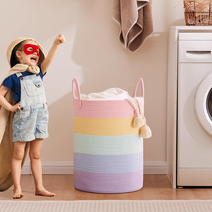 Large Rainbow Hamper Laundry Basket for Baby Girls Kids Nursery | 60L Pastel Unicorn Woven Clothes Hamper Tall Blanket Basket in Playroom Bedroom 15Dx20H inches