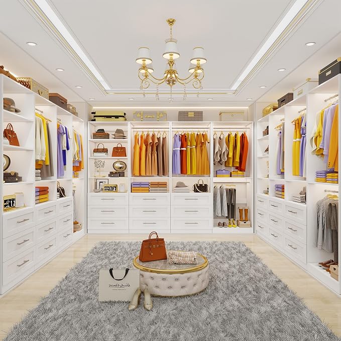 Closet System with 3 Sets, 6-16FT Closet Organizer System with 6 Drawers & 5 Shelves & 6Hanging Rods, Custom L-Shaped Walk in Closet Organizers and Storage System, Modular Closet Shelving System,White