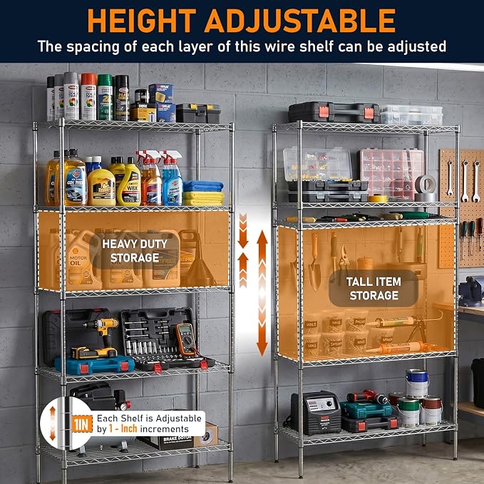 FDW 14" D×36" W×72" H Wire Shelving Unit Metal Shelf with 5 Tier Adjustable Layer Rack Commercial Strong Steel for Restaurant Garage Pantry Kitchen，Chrome