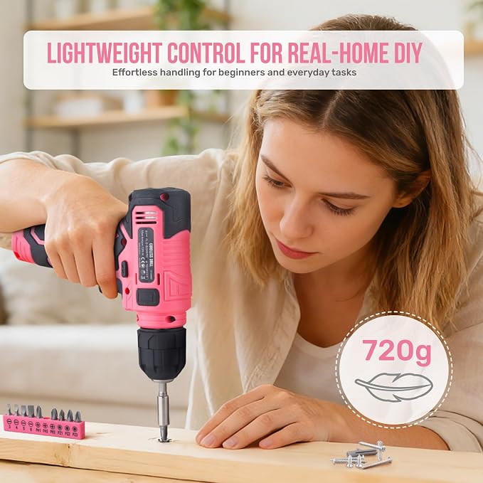 Hi-Spec 8V Cordless Drill Set & Starter Tool Kit for Women, Pink | Ladies, USB Drill Driver, Essential Hand Tools, Compact, Tidy Home Projects, Screwdriving, Repairs, Light-Duty