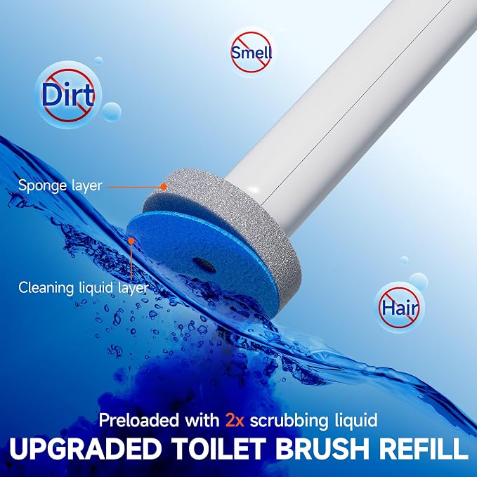Disposable Toilet Brush and Holder Set - Hands-Free Eject Sponge Toilet Wand with Floor Standing Caddy, Secure-Lock Hangable Toilet Scrubber (36 Refills(Classic Gray))