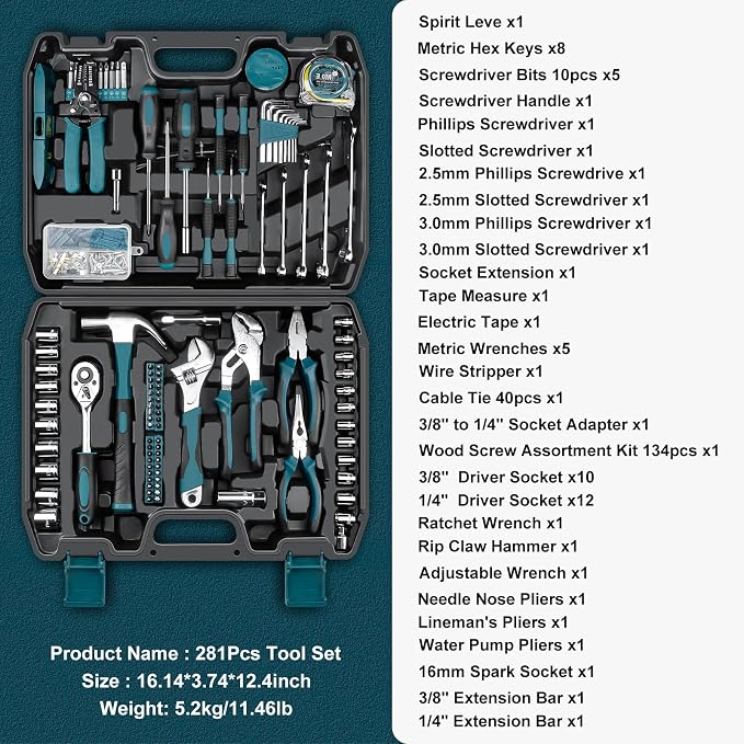 Sundpey 281 Pcs Home Tool Kit Portable Complete General Hand Tool Set Blue | with Socket Wrench Set & Screwdrivers & Hex Keys & Pliers Kit,Men Women Tool Box Set for Household Car House Garage Apartment