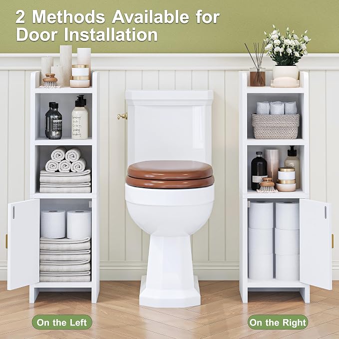 Small Bathroom Storage Cabinet, Narrow and Slim Storage Cabinet with Rattan Door and Adjustable Shelves, Corner Floor Bathroom Organizers and Storage for Small Space, White HSC001W