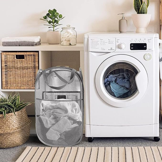 Larpur Pack of 3 Pop up Laundry Hampers, Collapsible Laundry Baskets, Gray | Portable Mesh Clothes Hampers for Home Room, College Dorm, Apartment, Foldable Hamper with Carry Handles