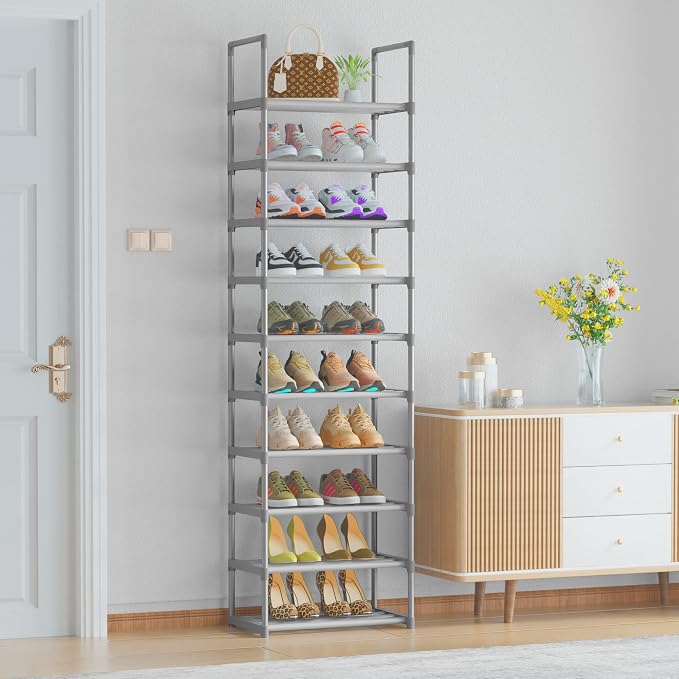 OYREL 10-Tier Metal Shoe Rack, Narrow Shoe Rack Organizer, Sturdy Shoe Shelf for Closets, Entryway, Bedroom, Garage - Silver | Closets, Entryway, Bedroom, Garage, Space Saving Tall Shoe Shelf, Free Standing Boot Storage Racks, Silver