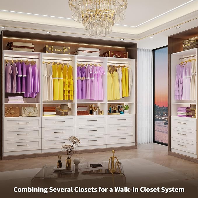 Closet System with 3 Drawers, 2FT-5FT Closet Organizer System with Shelf, Freestanding Walk-in Modular Closet System, Small Wood Closet Drawer System, White, Single Unit