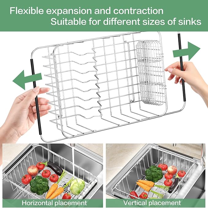 Large Sink Dish Drying Rack, Expandable 304 Stainless Steel Metal Dish Drainer Rack Organizer Shelves with Stainless Steel Utensil Holder Over Inside Sink, Rustproof