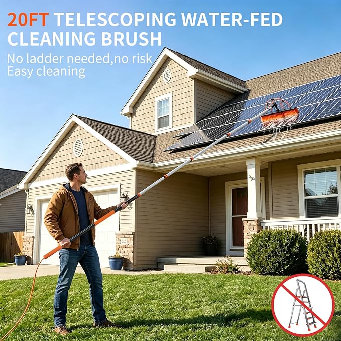 Solar Panel Cleaning Kit with 5-20ft Telescoping Pole, Water Fed Pole Window Cleaning System with Soap-Dispenser, Brush, 11″Squeegee & Cobweb Duster for Snow Removal, Windows, RVs, Decks