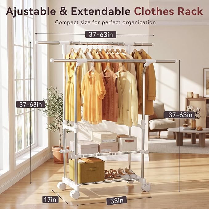 RORA Double Rod Clothes Rack, Clothing Rack with wheels, Extendable, Silver | Stainless Steel, Ideal for Bedroom & Laundry Room, Height-Adjustable, 2-Tier Shelves, Portable Garment Rack, Wardrobe Rack