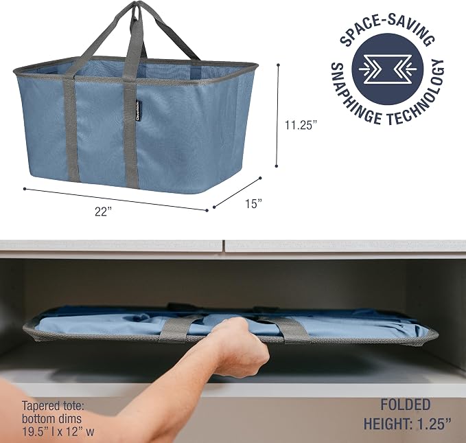 CleverMade Collapsible Laundry Tote, 50L, 2 Pack, Denim | Long center handles balance one-hand carrying. A steel rim supports 55 lb, then folds to 1.25 inches for compact storage.