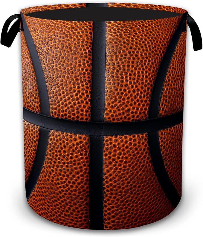 Basketball Texture Laundry Basket with Handles, Foldable Tall Oxford Clothes Hamper, Lightweight Water-Resistant Storage Bin for Bedroom Bathroom College Dorm, 16 x 20.8 Inch