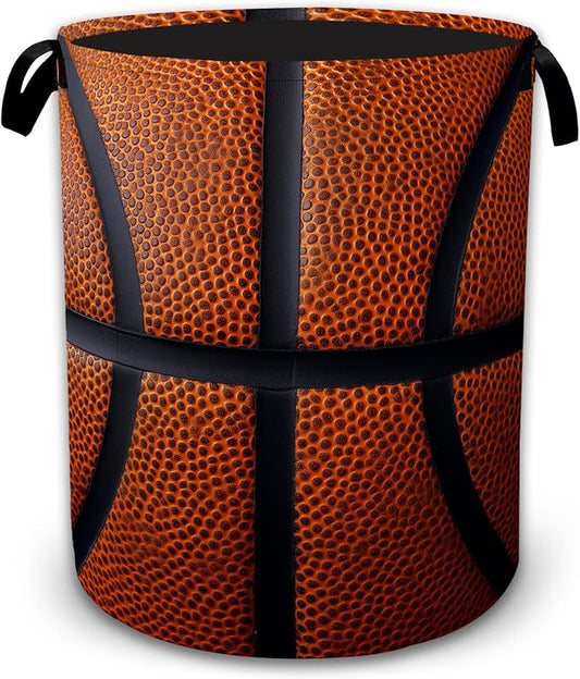 Basketball Texture Laundry Basket with Handles, Foldable Tall Oxford Clothes Hamper, Lightweight Water-Resistant Storage Bin for Bedroom Bathroom College Dorm, 16 x 20.8 Inch