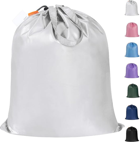 Extra Heavy-Duty Laundry Bag with Handles, Silver, 21x24” | Medium Size, Name ID Tag, Machine Washable, Reinforced Handles, Drawstring Closure, For College Dorm Travel