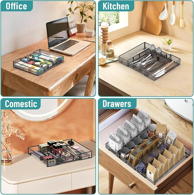 Expandable Desk Drawer Organizer, 10 Adjustable Compartments, Black | Metal mesh drawer organizer tray with 5 removable dividers, expands from 8.74 to 16 in for office supplies, makeup or tools